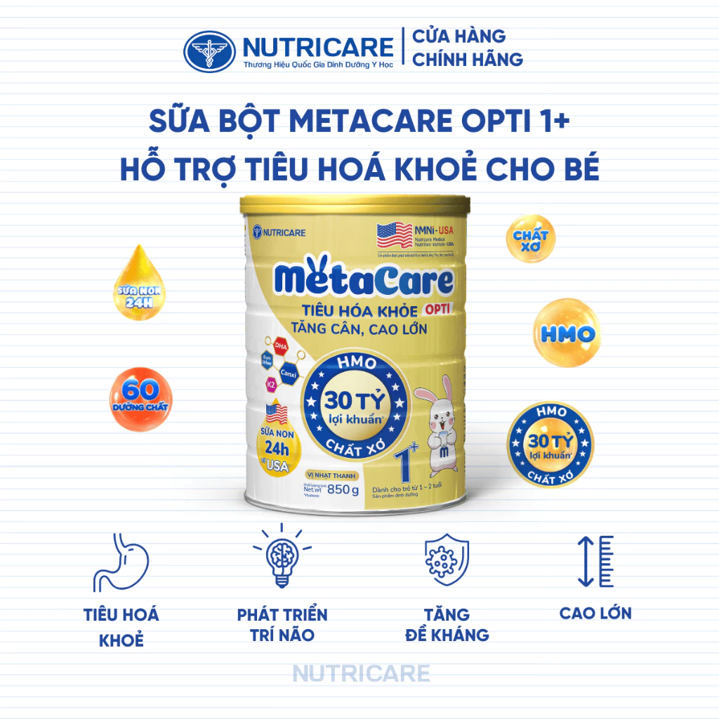 Sữa Bột METACARE OPTI 1+ Nutricare Tiêu Hoá Khoẻ Tăng Cân Cao Lớn Tăng Cường Hệ Miễn Dịch Đề Kháng Cho Bé 1-2 Tuổi 