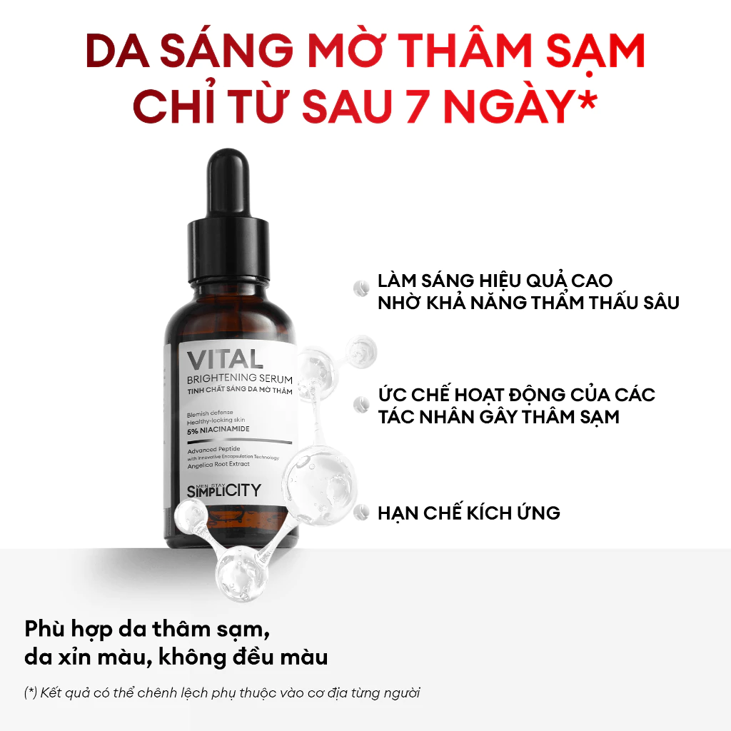 Serum sáng da mờ thâm cho nam Men Stay Simplicity Vital Facial Skin Brightening 30ml Niacinamide 5%