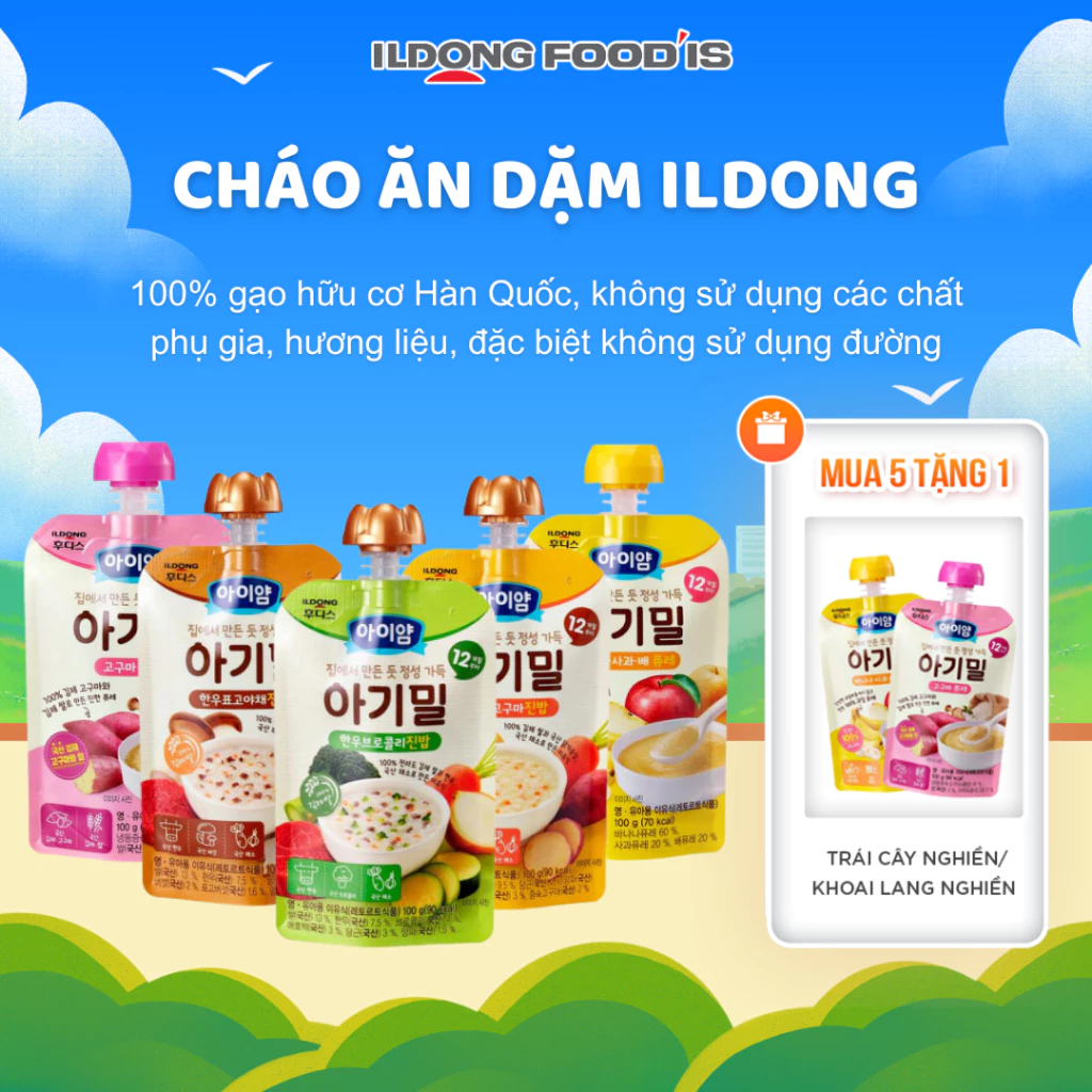 Cháo Ăn Dặm Hữu Cơ, Trái Cây Nghiền Ăn Dặm Khoai Lang Nghiền ILDONG cho bé ăn dặm tiện lợi túi 