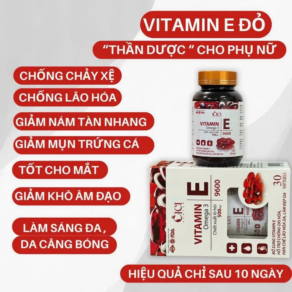 Vitamin E Đỏ 9600 Omega 3 CICI giúp trắng da, mờ thâm, ngăn ngừa lão hóa