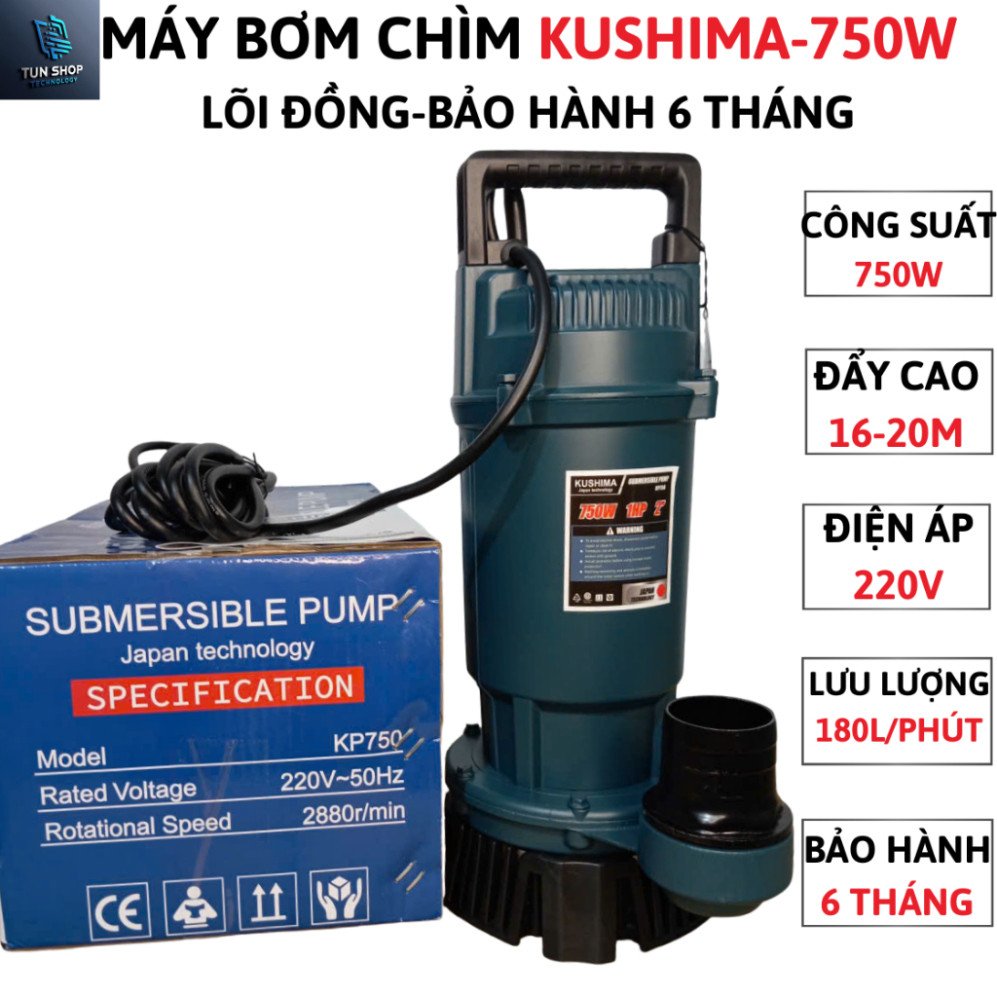 Máy Bơm Chìm KUSHIMA KP750 750W, Lõi, Vỏ Nhôm Sơn Tĩnh Điện Bền Bỉ