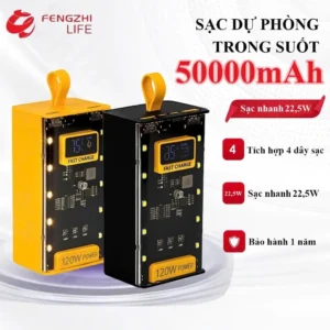 Sạc dự phòng 50.000mAh 22,5W thiết kế trong suốt thời thượng 2 cổng 22.5W Type-C 20W kèm 4 đầu sạc