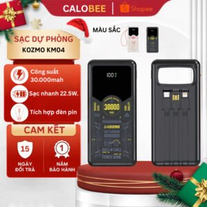 Pin dự phòng 30.000mAh Kozmo KM04 | Sạc nhanh, Tích hợp sẵn 2 dây, Màn hình hiển thị % pin, Đèn chiếu sáng