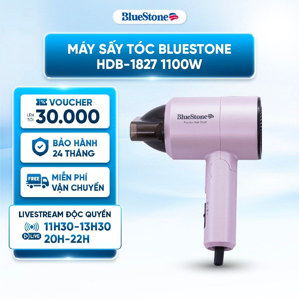 Máy sấy tóc Bluestone HDB-1827 1100W - 2 chế độ sấy nóng, sấy mát - tự ngắt khi quá nhiệt - Bảo Hành 24 Tháng