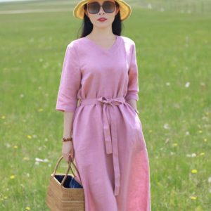 Đầm linen nữ dáng suông thắt eo cổ tim, tay lỡ, chất linen mềm màu hồng nữ tính mẫu hè mới Haint Boutique