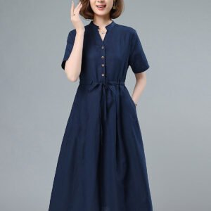 Đầm suông cổ tròn, chất liệu linen mặc dề chịu có dây thắt eo màu xanh đen da160