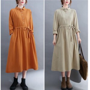Đầm linen suông nữ cổ sơ mi dài tay, tặng kèm dây thắt eo, thời trang nữ thu đông NH185