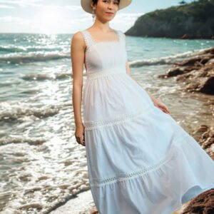 Đầm Maxi Trắng Cotton Hai Dây Đi Biển Du Lịch Resorts Thơ DRE092 Thời trang Hity