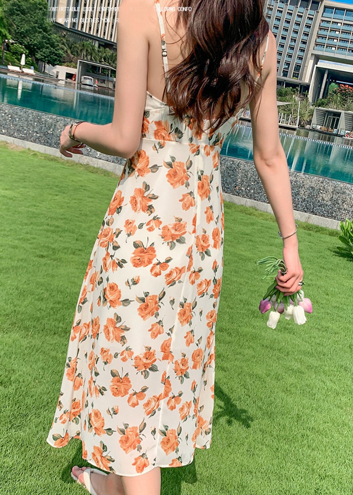 Đầm maxi 2 dây dễ mặc, chất voan mềm mát, họa tiết hoa vàng nhẹ nhàng nữ tính | MX057