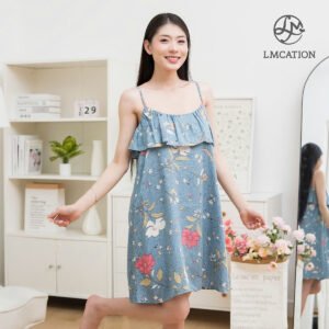 Đầm 2 dây tencel phối bèo LMcation Autumn - hoa lá xanh