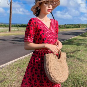 Váy maxi lửng dáng xòe, họa tiết thổ cẩm nổi bật, chất dày đẹp, đầm nữ vintage cổ chữ V, váy đi biển, du lịch đẹp | MX012