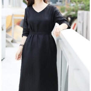 Đầm suông linen nữ cổ V tay lỡ, tặng kèm dây thắt eo xinh, đầm màu đen sang trọng NH198 đen