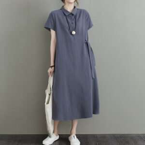 Đầm đũi suông dáng dài chữ A cổ Đức phối cúc ngực có túi 2 bên vải mềm mại, tôn dáng da61