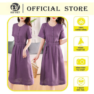Đầm linen nữ trơn tay ngắn kết hợp phối cúc và rút eo , có nhiều màu dễ mặc đi chơi hay đi làm Da217