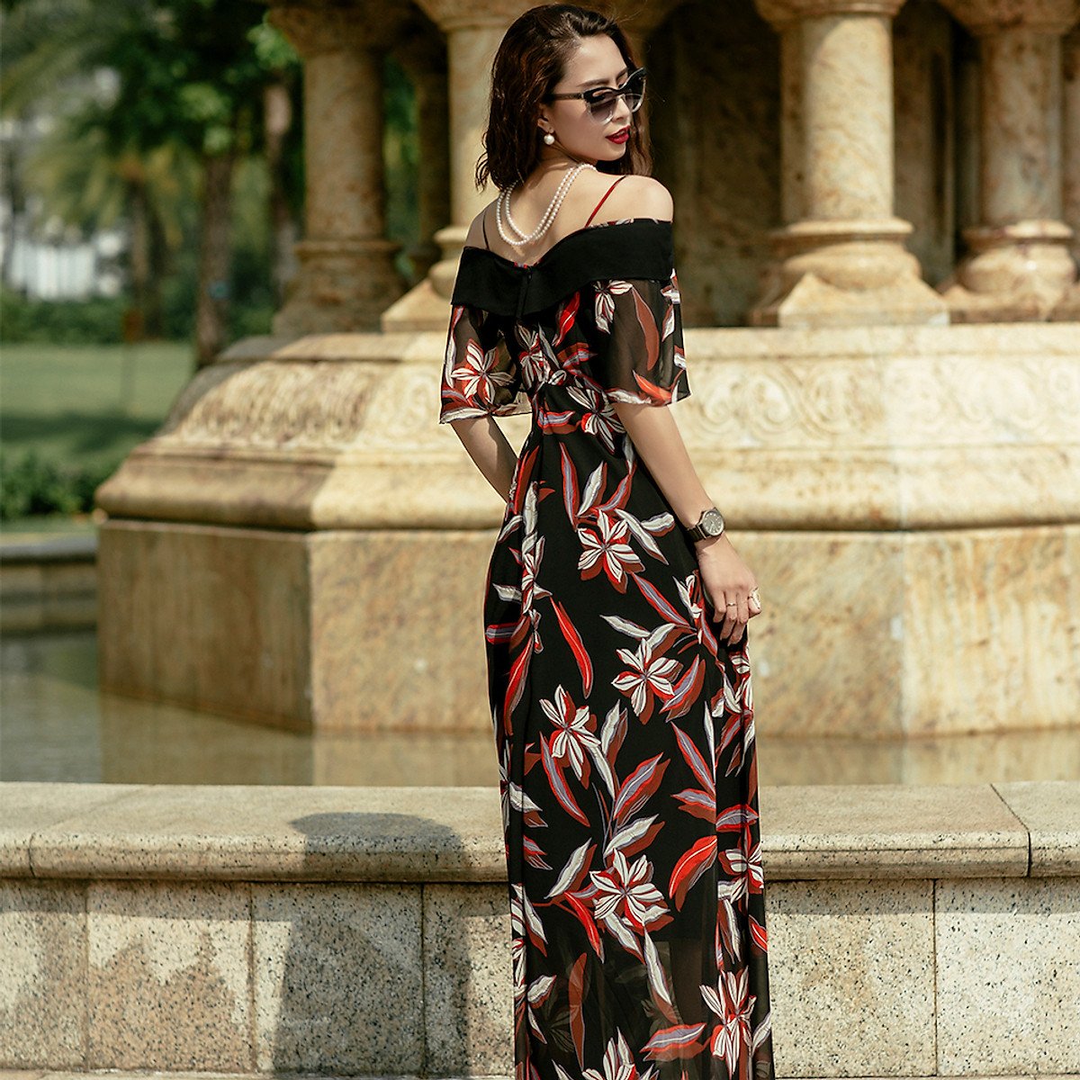 Đầm Maxi Đầm Trễ Vai Đầm Dự Tiệc Thời trang thiết kế Hity DRE110 (In Collage)