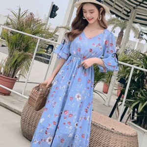 Đầm voan dài dáng xòe thướt tha, cổ tim tay lỡ điệu đà, maxi đi biển cao cấp mẫu mới nhất | MX020