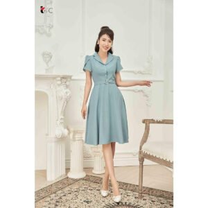 Đầm xòe cổ 2 ve, tay bồng Tri'C Luxury A23921 Xanh mint