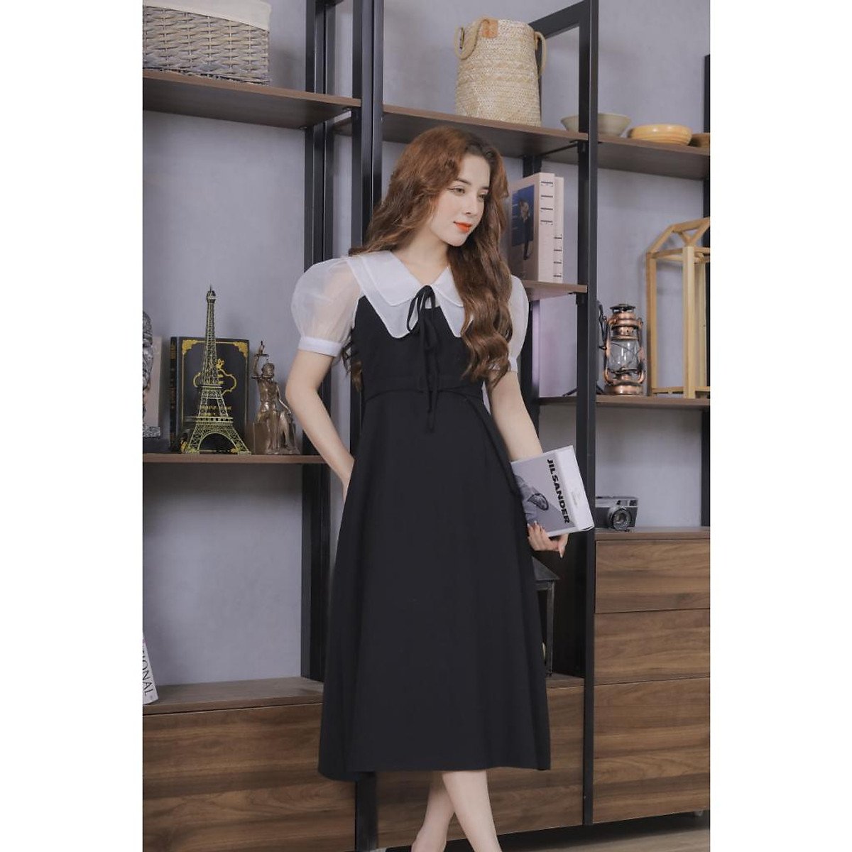 Váy Nữ Cổ Phối Tơ Voan Màu Đen 23V037 Pi Style