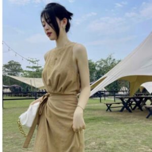 Đầm tà đắp buộc nơ eo sát nách dáng dài