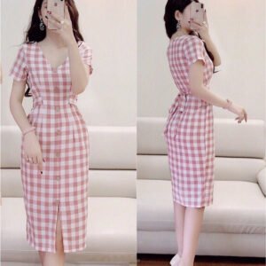 Đầm caro buộc nơ eo