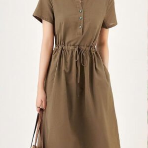 Đầm cao cấp Đũi Việt thiết kệ cổ V và dây rút sang trọng, trẻ trung da218