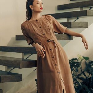 Đầm Chữ A Dài Qua Gối Midi Cotton Phong Cách Công Sở Thanh Lịch An Nhiên Thời trang Hity DRE160