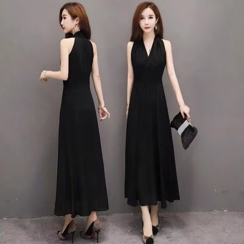 Đen Mùa Hè Plus Size Nữ Không Tay Hẹp Ôm Hơn Phong Cách Mới Dài Hepburn Đầm