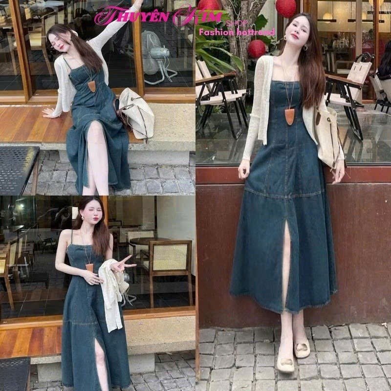 Đầm váy dài jean, đầm hai dây jean Quảng châu dáng dài xẻ tà kèm khoác Len ren cao cấp