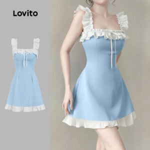 Lovito Váy Nữ Mùa Xuân/Hè Xanh Lam Phối Màu Xòe Viền Bèo Buộc Dây Trang Phục Thường Ngày. L171ED384