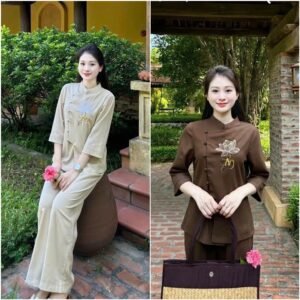 Bộ Đồ Lam Đi Chùa,Pháp Phục Lễ chùa nguyên set bộ bà ba nút cài và khóa kéo thêu sen An chất đũi vân mây cao cấp