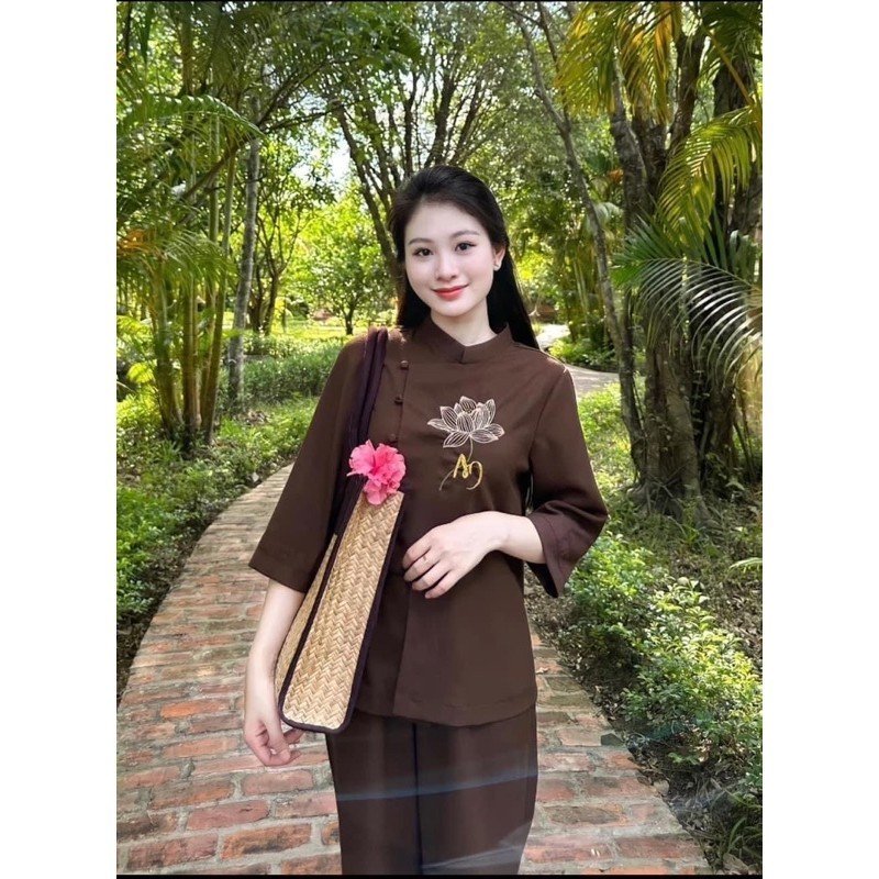 Đồ lam đi chùa nữ truyền thống-Pháp phục nữ thêu hoa sen và chữ An vải linen cotton tay lửng quần ống suông đủ size