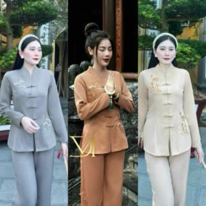 [12.12] Đồ lam nữ mặc đi chùa Pháp phục nữ chất phi tuyết áo bà ba tay dài cài nút nơ thêu hoa sen mix quần dài ống suôn