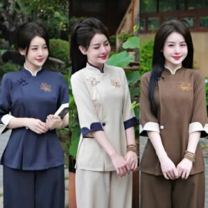 Pháp phục đi chùa THÊU SEN vải đũi thái, Pháp phục lễ chùa cổ tàu phối SHOPBOSTORE