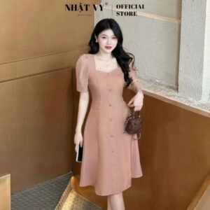 Đầm cổ vuông Nhật Vy tay phồng đính nút bọc chất lụa phù hợp công sở đi chơi cafe - D2858