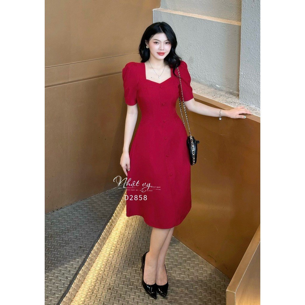 Đầm cổ vuông Nhật Vy tay phồng đính nút bọc chất lụa phù hợp công sở đi chơi cafe - D2858