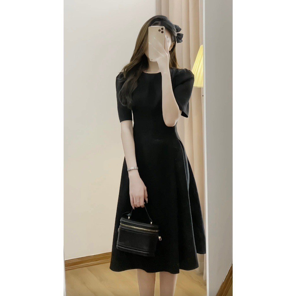 Đầm dự tiệc nữ Quảng Châu thiết kế ,Váy nữ trơn dài cổ tròn dáng xòe tay bồng sang chảnh