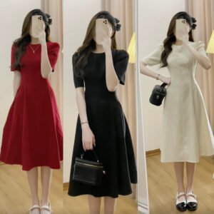 Đầm dự tiệc nữ Quảng Châu thiết kế ,Váy nữ trơn dài cổ tròn dáng xòe tay bồng sang chảnh