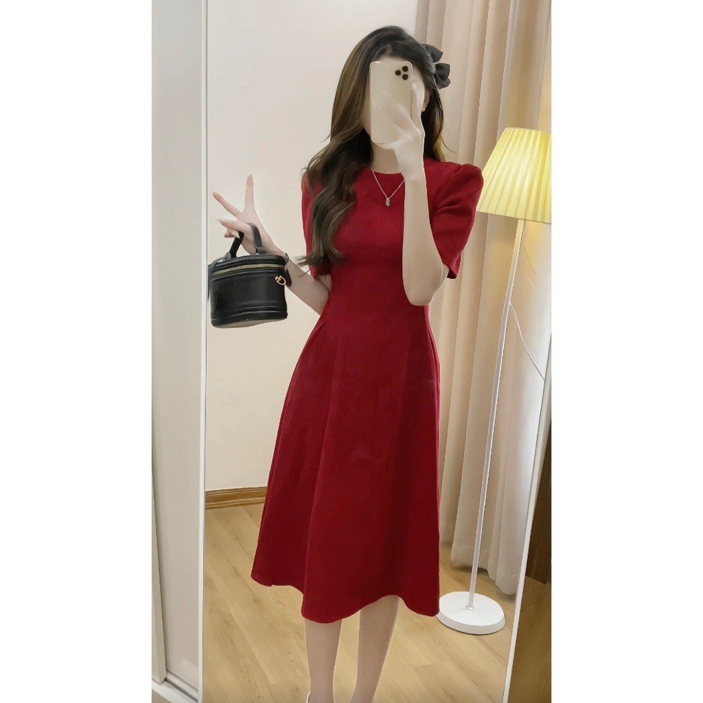 Đầm dự tiệc nữ Quảng Châu thiết kế ,Váy nữ trơn dài cổ tròn dáng xòe tay bồng sang chảnh