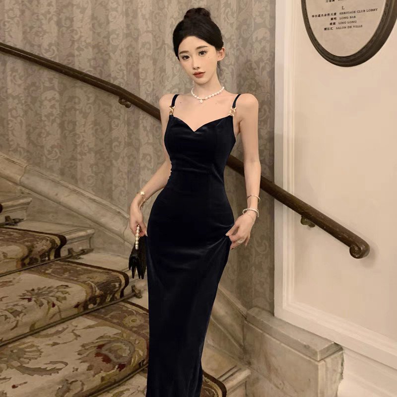 🌸Hàng Oder🌸Váy Đầm Tiệc Nhung Body 2 Dây Phối Xích Cổ V Sexy Sang Chảnh🌸Hàng Quảng Châu