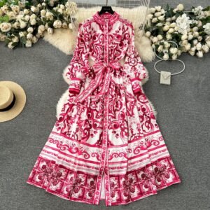 #4822 [Order] Đầm tay dài Quảng Châu váy phong cách retro thanh lịch kèm dây buộc eo 2 màu đủ size siêu xinh