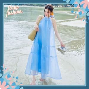 đầm suông cổ yếm váy maxi nữ voan tơ 2 lớp cổ yếm có mút ngực Anie-V126