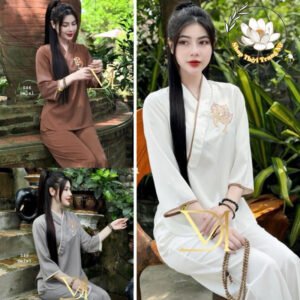 Đồ lam đi chùa pháp phục lễ chùa đồ lam nữ tay leo cổ chéo , thêu chữ Tâm lá Bồ đề cổ chéo sang trọng