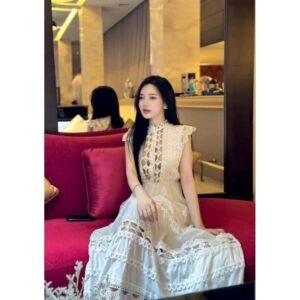 HA4452 [CÓ SẴN - GIAO NGAY] Đầm maxi Quảng Châu váy nữ vintage không tay viền ren đi biển du lịch kèm thắt lưng xinh