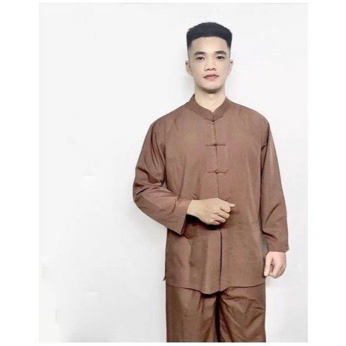 BỘ ĐỒ LAM ĐI CHÙA - DÀNH CHO NAM - MẪU LÃNH TỤ CỔ TÀU TAY DÀI - ÁO CÓ 2 TÚI