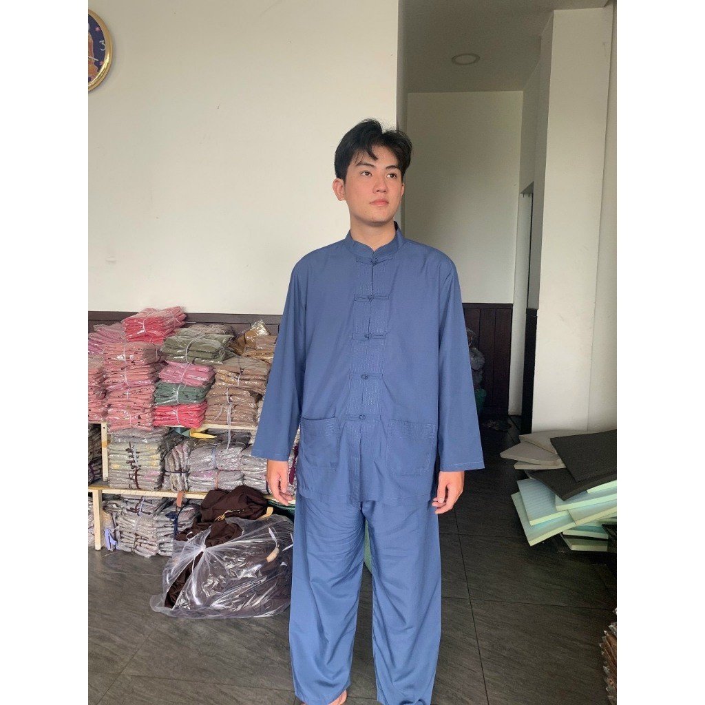 BỘ ĐỒ LAM ĐI CHÙA - DÀNH CHO NAM - MẪU LÃNH TỤ CỔ TÀU TAY DÀI - ÁO CÓ 2 TÚI