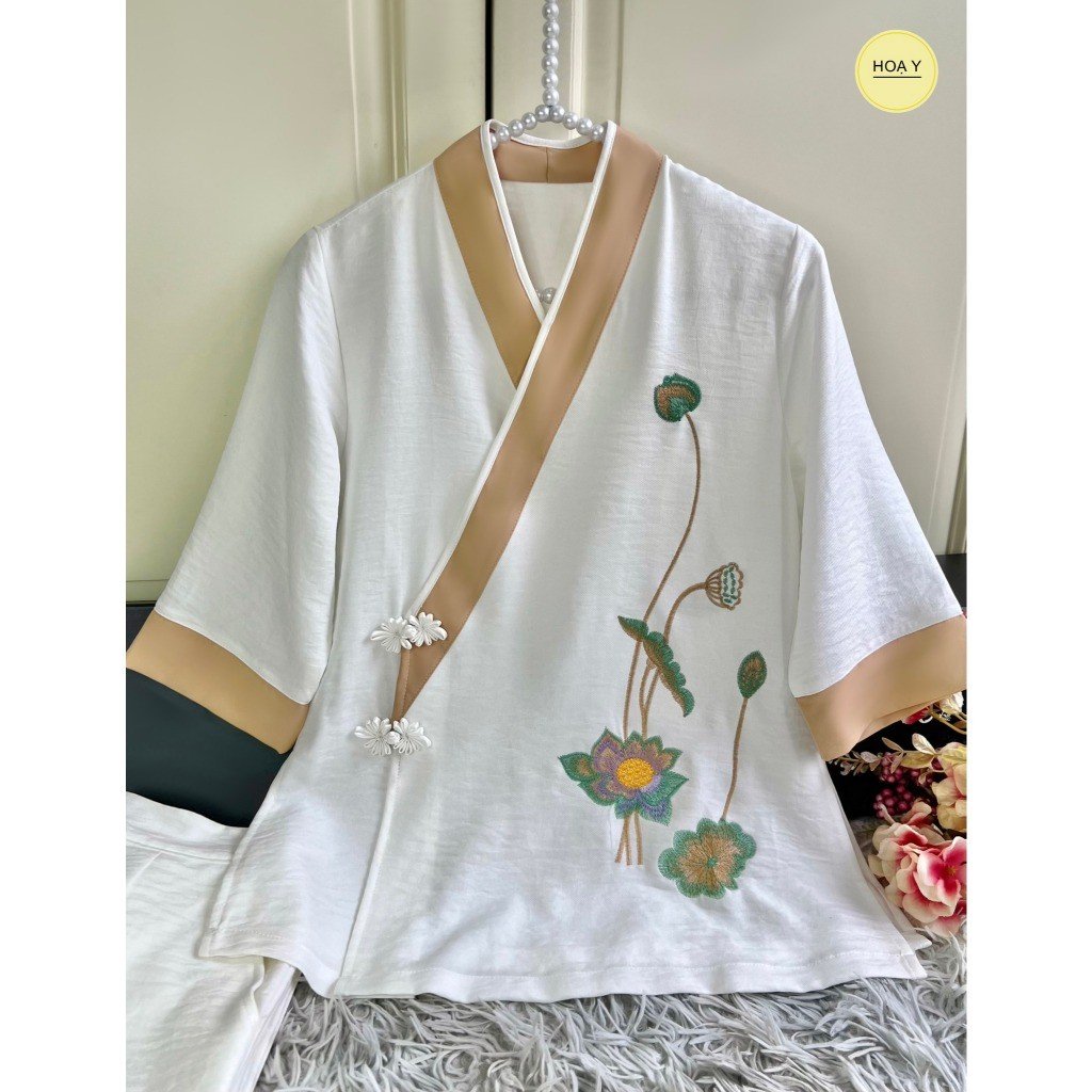 DL25 trắng đũi tơ tằm (Họa Y Pháp Phục) Đồ Lam Đi Chùa, Top Quần Áo Thời Trang Cho Phật Tử Nữ