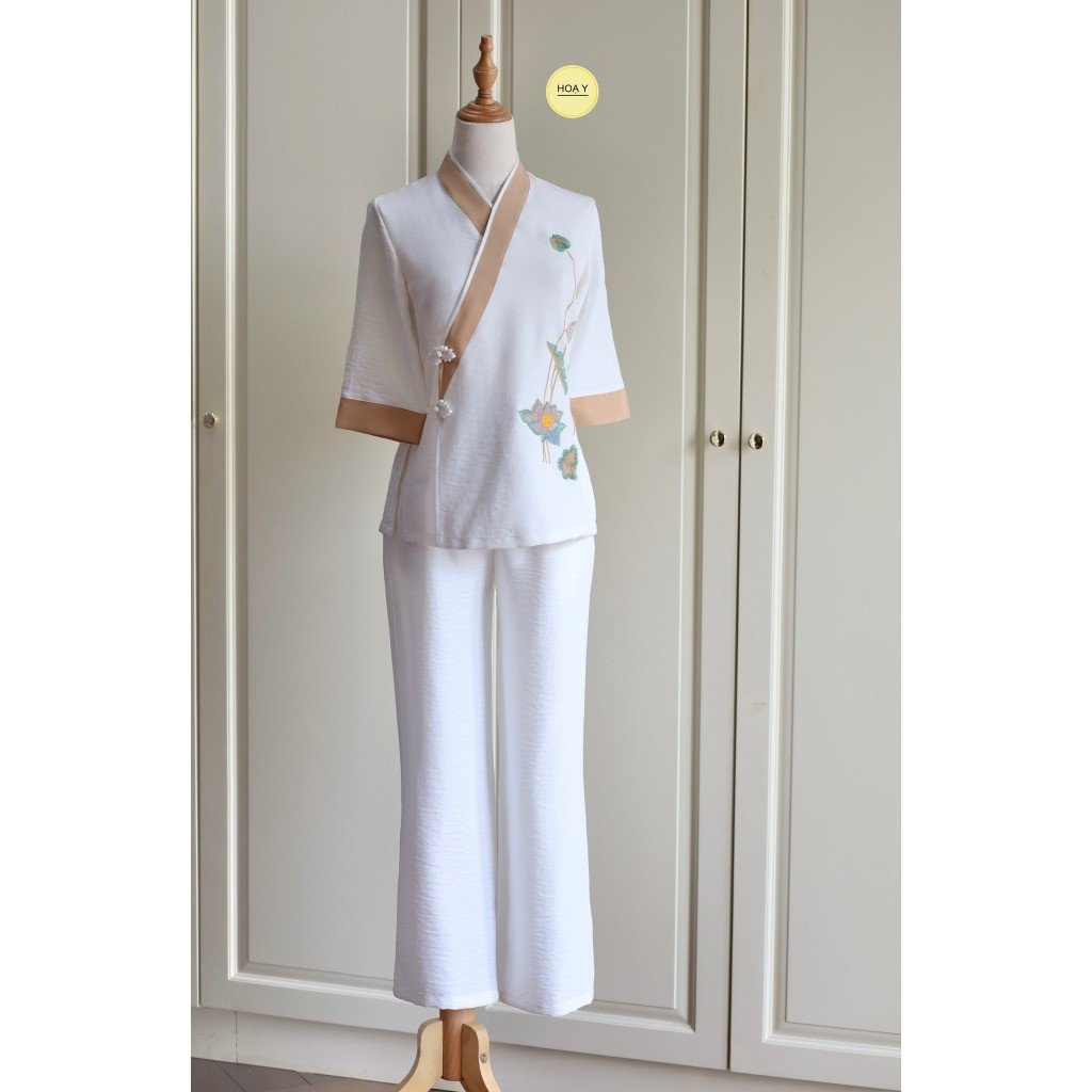 DL25 trắng đũi tơ tằm (Họa Y Pháp Phục) Đồ Lam Đi Chùa, Top Quần Áo Thời Trang Cho Phật Tử Nữ