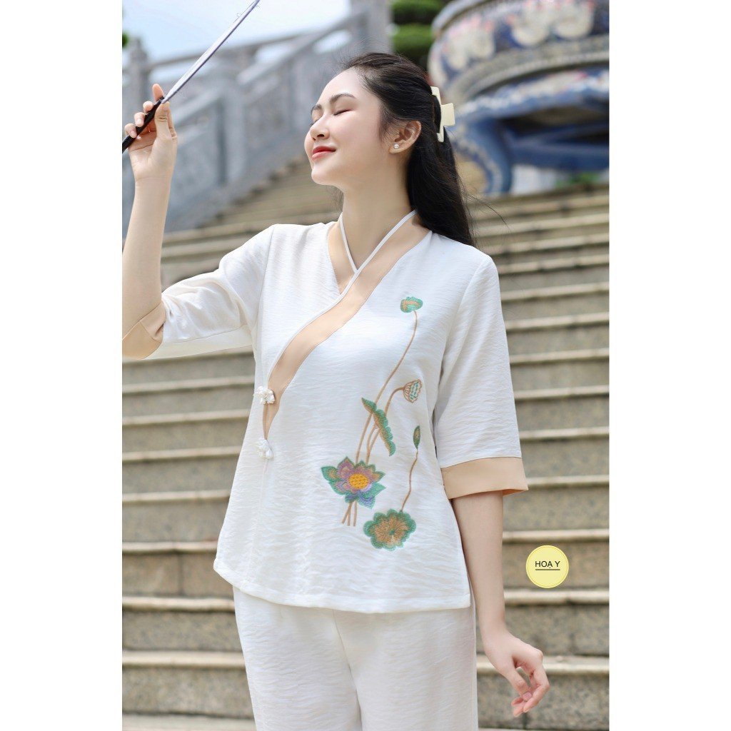DL25 trắng đũi tơ tằm (Họa Y Pháp Phục) Đồ Lam Đi Chùa, Top Quần Áo Thời Trang Cho Phật Tử Nữ