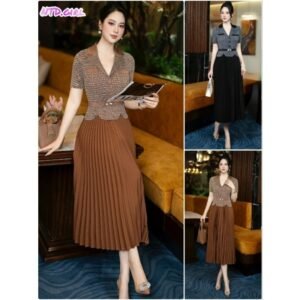Hàng nhập - Đầm dáng xòe lụa xếp li cổ vest tay ngắn, váy Quảng Châu thanh lịch sang trọng