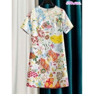 Hàng nhập - Đầm dáng suông lụa mịn mát in hoa lá, váy xuông Quảng Châu tay ngắn cổ tròn